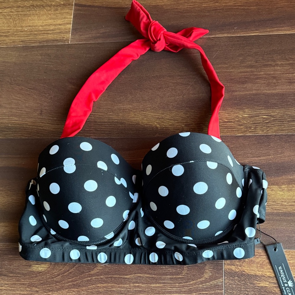 Unique & Classic Polka Dot Black & White Bikini Top with Red Neck Tie Size XXL